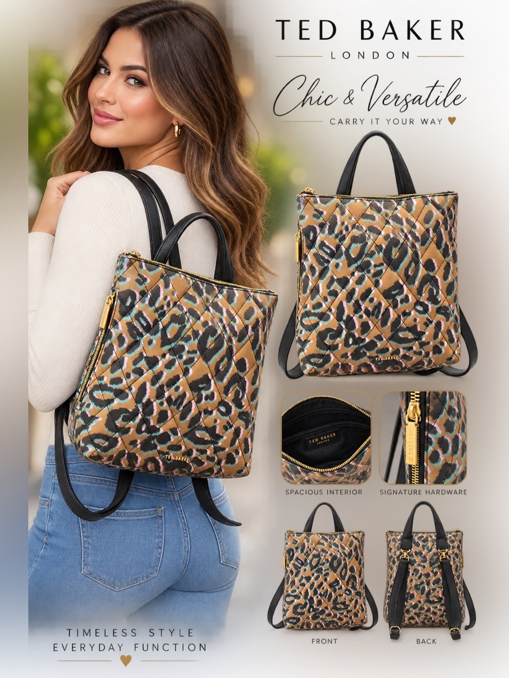 Ted Baker Tan Leopard Quilted Convertible Backpack Tote